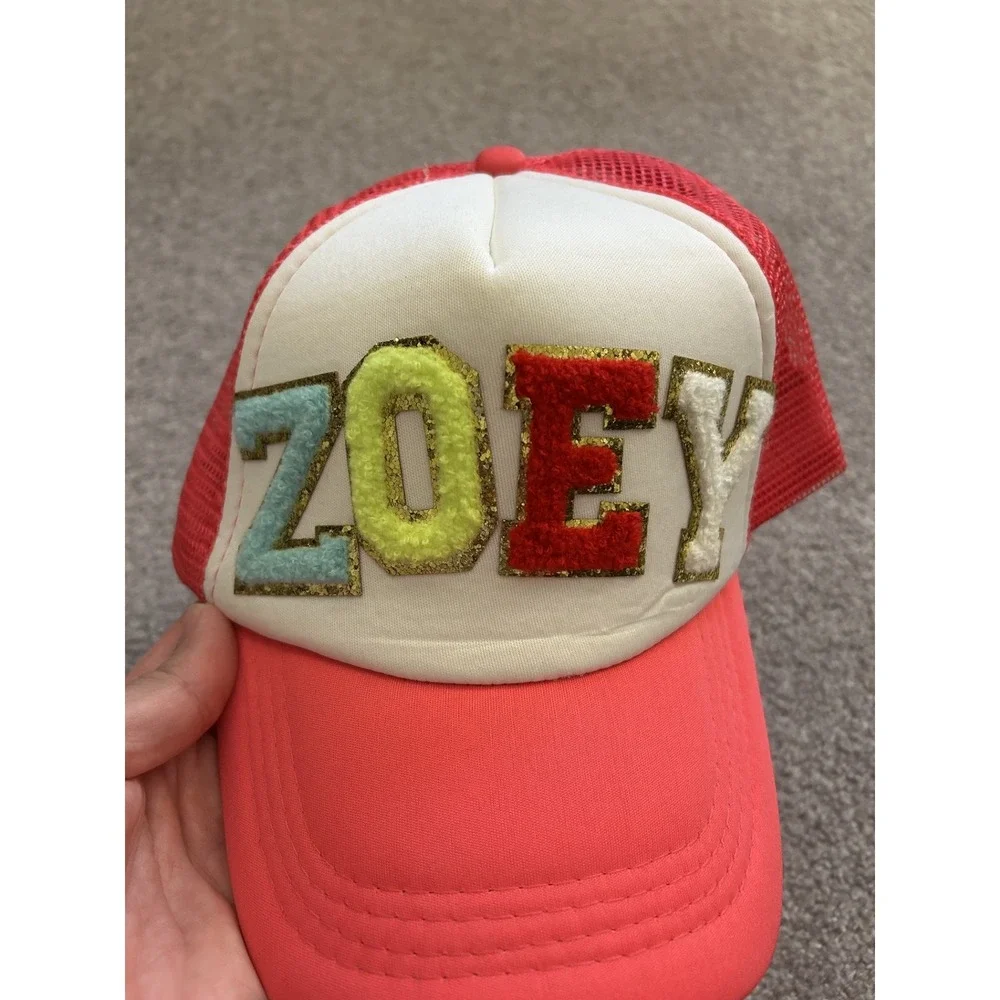 Y2K Vintage Trucker Hat Girls OS Pink Excellent Zoey Chenille Glitter Patch Mesh